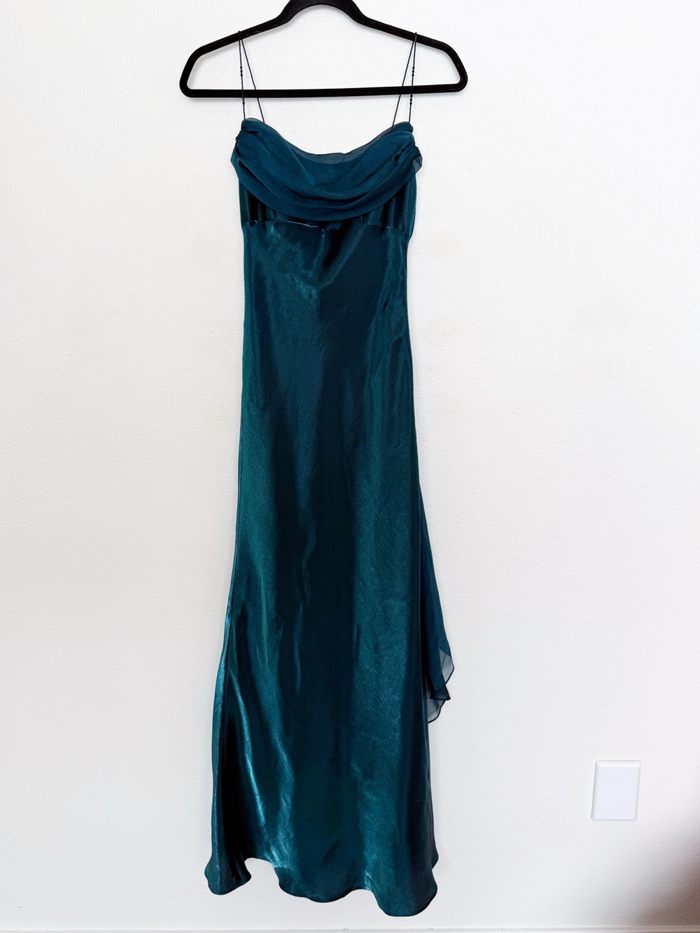 Y2K Dark Teal Satin Cowl Neck Midi Dress Beaded Strap Formal - Picture 12 of 13